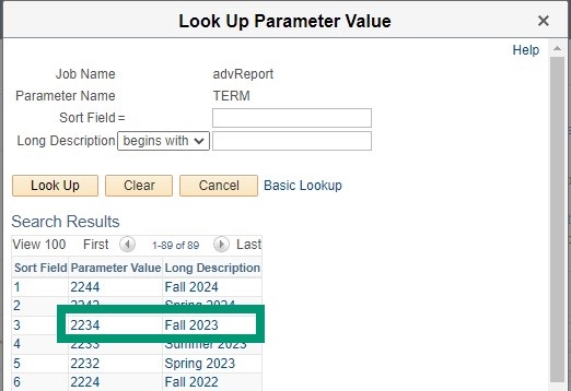 search results list the 4 digit parameter value and Long Description with semester and year